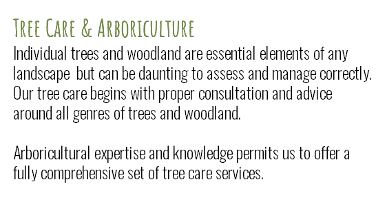 Tree Care & Arboriculture Individual trees and woodland are essential elements of any landscape but can be daunting to assess and manage correctly. Our tree care begins with proper consultation and advice around all genres of trees and woodland.  Arboricultural expertise and knowledge permits us to offer a fully comprehensive set of tree care services. 