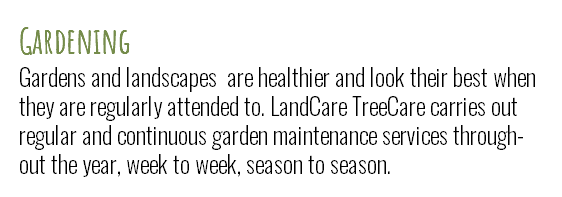 Gardening Gardens and landscapes are healthier and look their best when they are regularly attended to. LandCare TreeCare carries out regular and continuous garden maintenance services through-out the year, week to week, season to season.